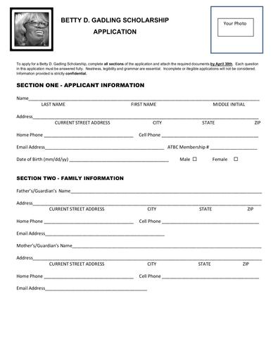 Betty D. Gadling Scholarship Application form