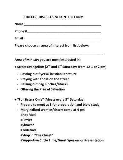 Street Disciples Volunteer Form